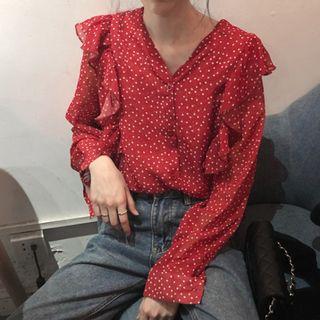 Dotted Chiffon Shirt Maroon - One Size
