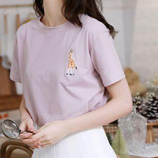 Giraffe Embroidered Short-sleeve T-shirt Purple - One Size