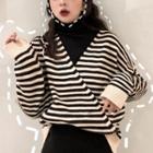 V-neck Striped Knit Top / Mock Neck Knit Top / A-line Skirt