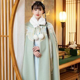 Fluffy Panel Decoration / Faux Pearl Embroidered Cape
