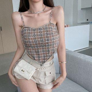 Plaid Crop Camisole Top Brown & Gray - One Size