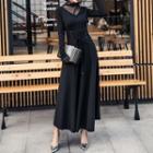 Long-sleeve Mock Neck Mesh Panel Maxi A-line Dress