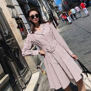 Long-sleeve Plaid Notch-lapel A-line Shirt Dress