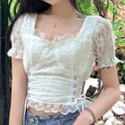 Puff-sleeve Lace Panel Crop Top