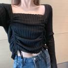 Long-sleeve Square-neck Drawstring Knit Top