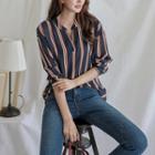 Open-placket Striped Blouse Navy Blue - One Size