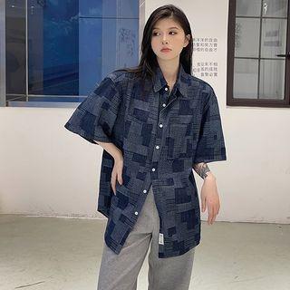 Short Sleeve Patched Denim Oversized Shirt