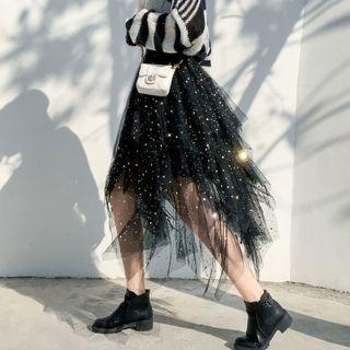 Sequined Mesh Layered Midi A-line Skirt