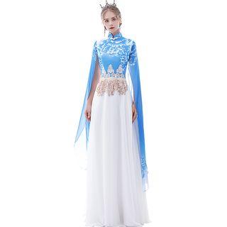 Slit-sleeve Stand Collar Printed A-line Evening Gown