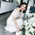 Elbow-sleeve Cutout Fringed Midi Dress
