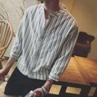 3/4 Sleeve Stand-collar Stripe Shirt