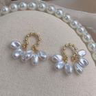 Faux Pearl Fringed Earring 1 Pair - Silver Stud - Gold & White - One Size