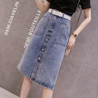 Set: Short-sleeve V-neck T-shirt + Denim Midi A-line Skirt