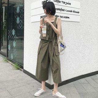 Buttoned Cropped Wide-leg Jumper Pants Army Green - One Size