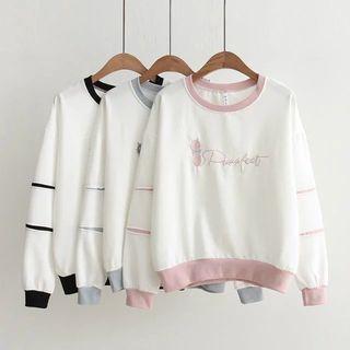 Cat Embroidered Contrast Trim Pullover