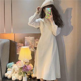 Long-sleeve Lace Trim A-line Dress Dress - Almond - One Size