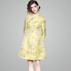 3/4-sleeve Floral Jacquard A-line Dress