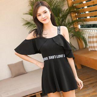 Cold-shoulder Lettering Swim Dress