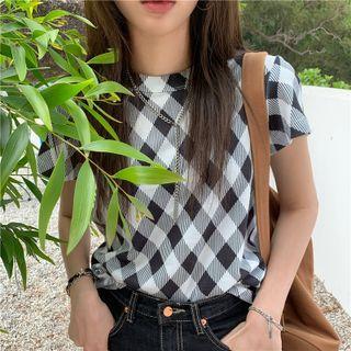 Short-sleeve Check Slim-fit T-shirt As Figure - One Size