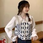 Argyle Perforated Button-up Vest / Flared-cuff Peter Pan-collar Shirt