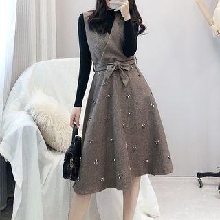 Set: Mock-neck Long-sleeve Knit Top + Beaded Sleeveless A-line Dress
