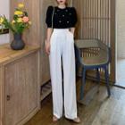 Puff-sleeve Embellished Top / Wide Leg Dress Pants