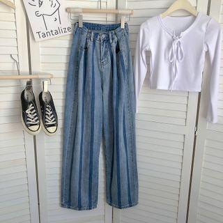 Color Panel Striped High-waist Denim Wide Leg Pants
