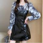 Set: Tie-dyed Blouse + Spaghetti Strap Faux Leather Dress