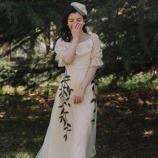 Elbow-sleeve Embroidered Mesh Panel Midi A-line Dress