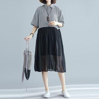 Elbow-sleeve Checker Midi Mesh Overlay Dress