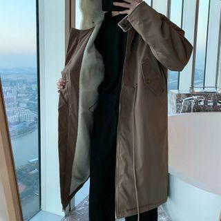Fleece Panel Zip-up Hooded Long Coat