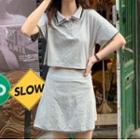 Set: Short-sleeve Cropped Polo Shirt + A-line Mini Skirt