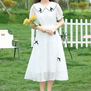 Short-sleeve Collared Mesh A-line Midi Dress
