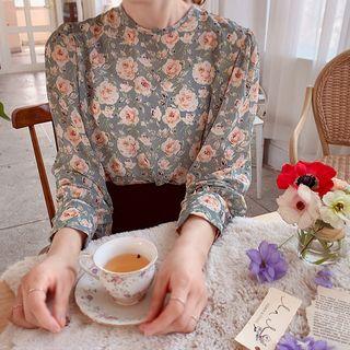 Round-neck Floral Print Blouse Mint Green - One Size