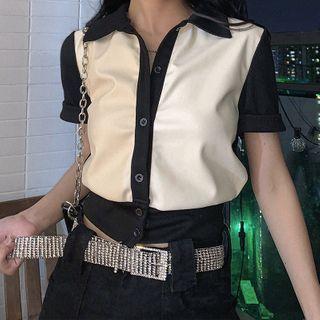 Short-sleeve Color Block Cropped Faux Leather Shirt
