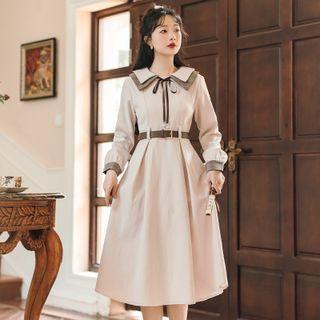 Belted Layered Collar Bow Midi A-line Shirtdress