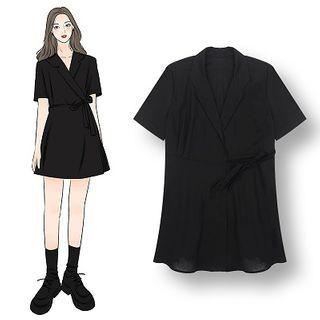 Collared Short-sleeve Tie-waist Mini A-line Dress Black - One Size
