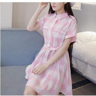 Plaid Short-sleeve Shirtdress With Sash
