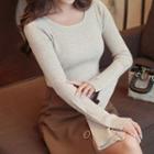 Long-sleeve Knit Top Beige - One Size