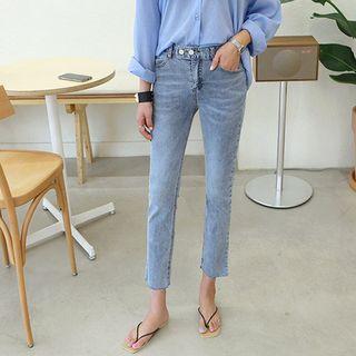 Tall Size Tab-front Washed Straight-cut Jeans