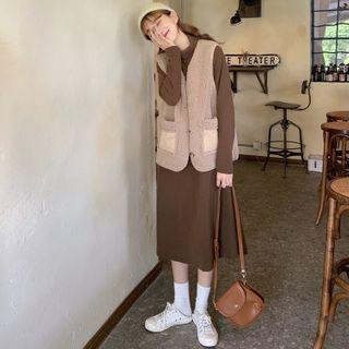 Plain Mock-neck Long-sleeve Dress / Fleece Vest
