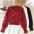 Long-sleeve Button-accent V-neck Knit Top