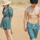 Couple Matching Floral Print Cover-up / Bikini Top / Swimshorts / Set