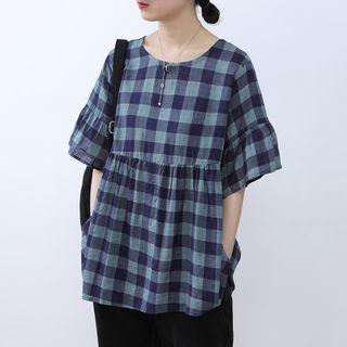 Gingham Short-sleeve Blouse Green - One Size