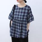 Gingham Short-sleeve Blouse Green - One Size