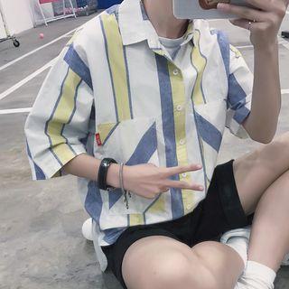 Drop-shoulder Colorblock Striped Shirt