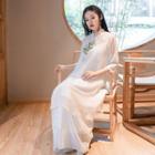 3/4-sleeve Floral Print Cheongsam Top / Wide-leg Pants