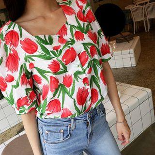 Elbow-sleeve Tulip Print Blouse