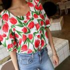 Elbow-sleeve Tulip Print Blouse