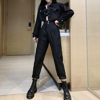 Pocket Detail Cropped Shirt / Cropped Straight-fit Pants / Set
